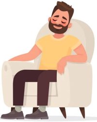 Bearded man sits in an armchair and sleeps. A person is resting or thinking about something good